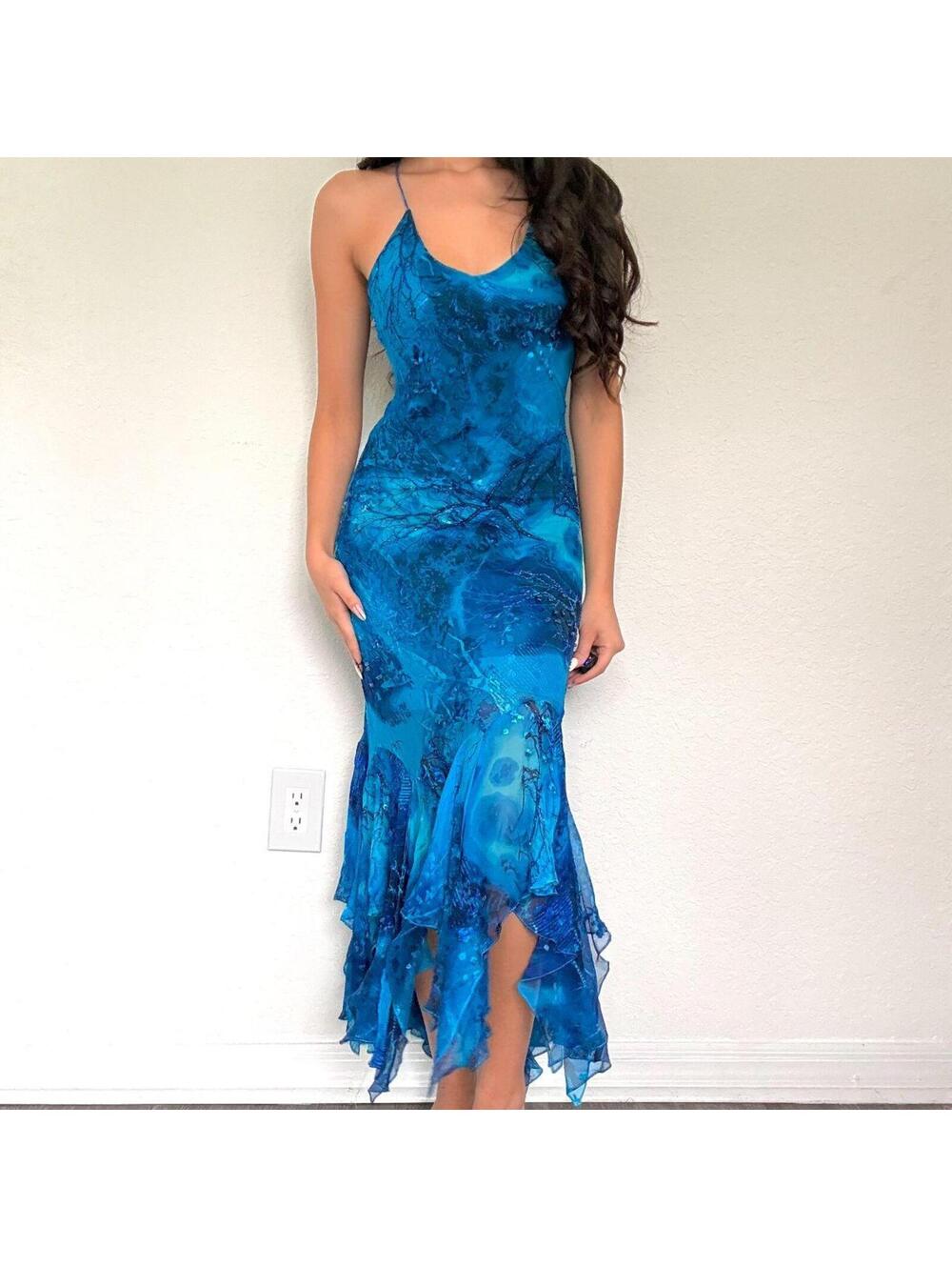 2000s blue fairy beaded maxi dress with velvet burnout details